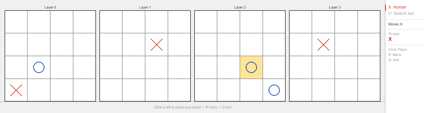 Pygame interface showing four layers of a 4 by 4 by 4 tic-tac-toe board