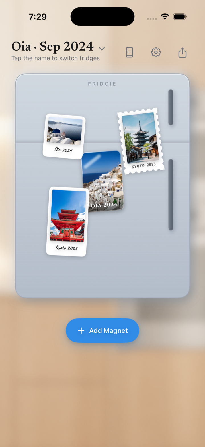 Fridgie main fridge with four travel-photo magnets
