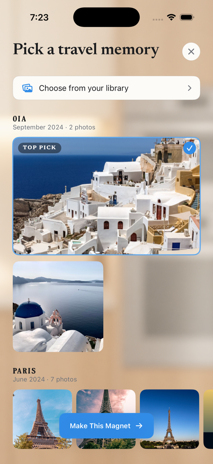 Fridgie travel-photo picker grouped by trip