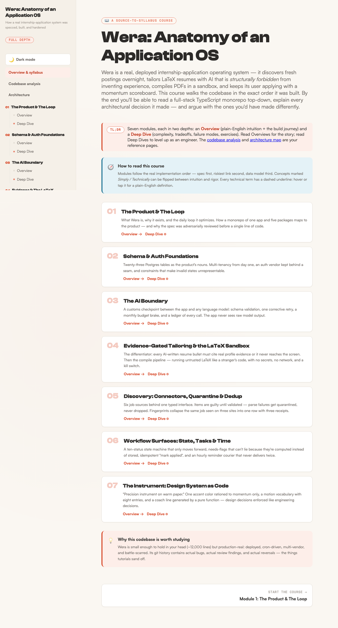 Generated Wera course syllabus with seven modules and overview and deep-dive tracks