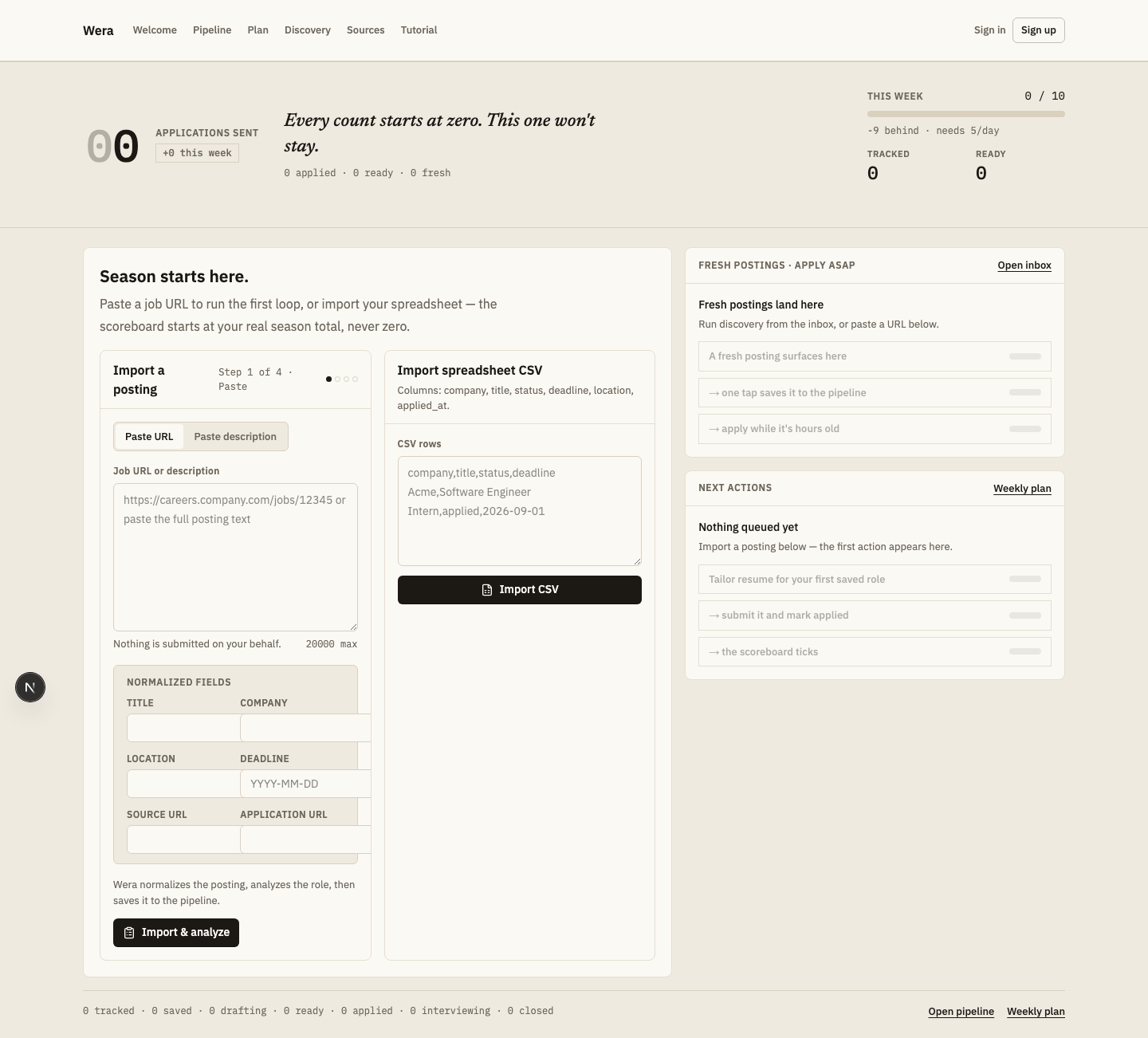 Wera dashboard showing an empty internship season, posting import, weekly plan, and application counters