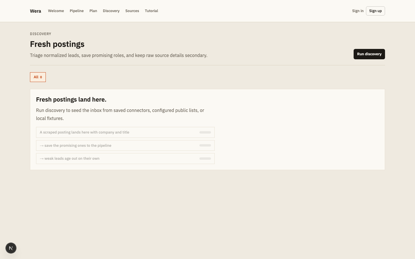 Wera discovery inbox empty state