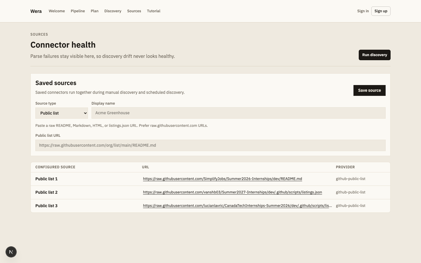 Wera connector health view with three configured public sources